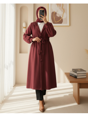 Hakim Yaka Tünel Bağcıklı Kaşe Kaban   -Bordo