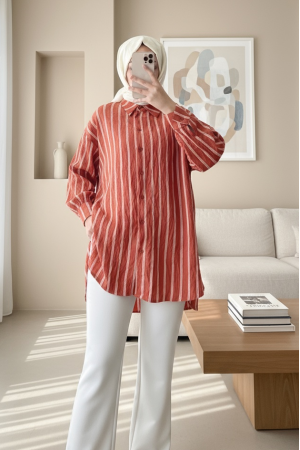 Boydan Düğmeli Arkası Uzun Çizgili Gömlek -Kiremit