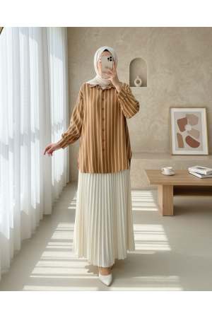 Button Down Long Back Striped Shirt -Cinnamon