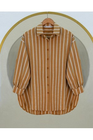 Button Down Long Back Striped Shirt -Cinnamon