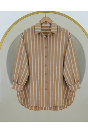 Button Down Long Back Striped Shirt -Mink color