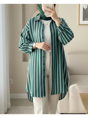 Boydan Düğmeli Arkası Uzun Çizgili Gömlek -Zümrüt