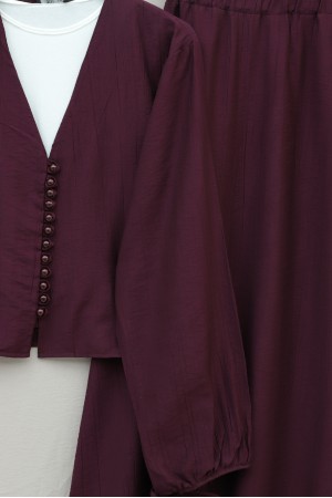 V-neck, lace-up sleeves, button-down skirt viscose suit -Maroon