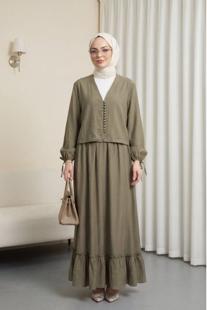 V Yaka Kolları Bağcıklı Top Düğmeli Etekli Viskon Takım  -Toprak