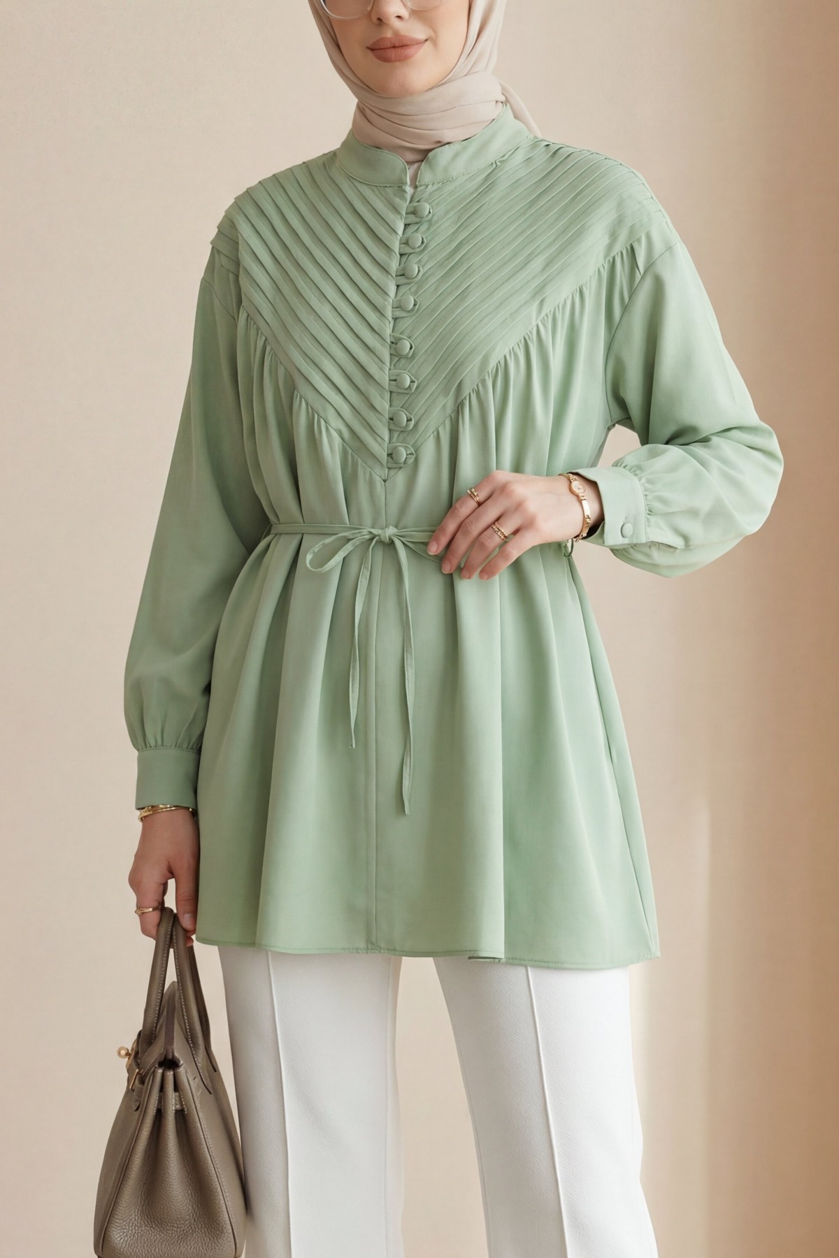 Half-Button Ribbed Lace-Up Shirt -LIGHT GREEN