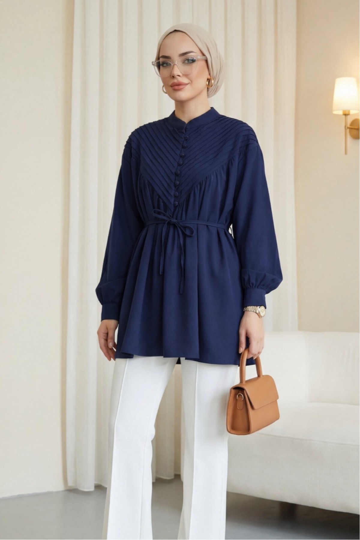 Half-Button Ribbed Lace-Up Shirt -Navy blue