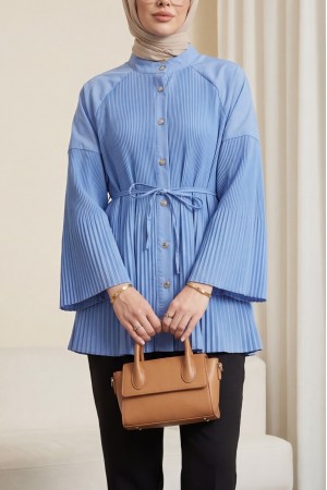 Gold Düğmeli Önü Ve Kolları Pliseli Bağcıklı Gömlek  -Mavi