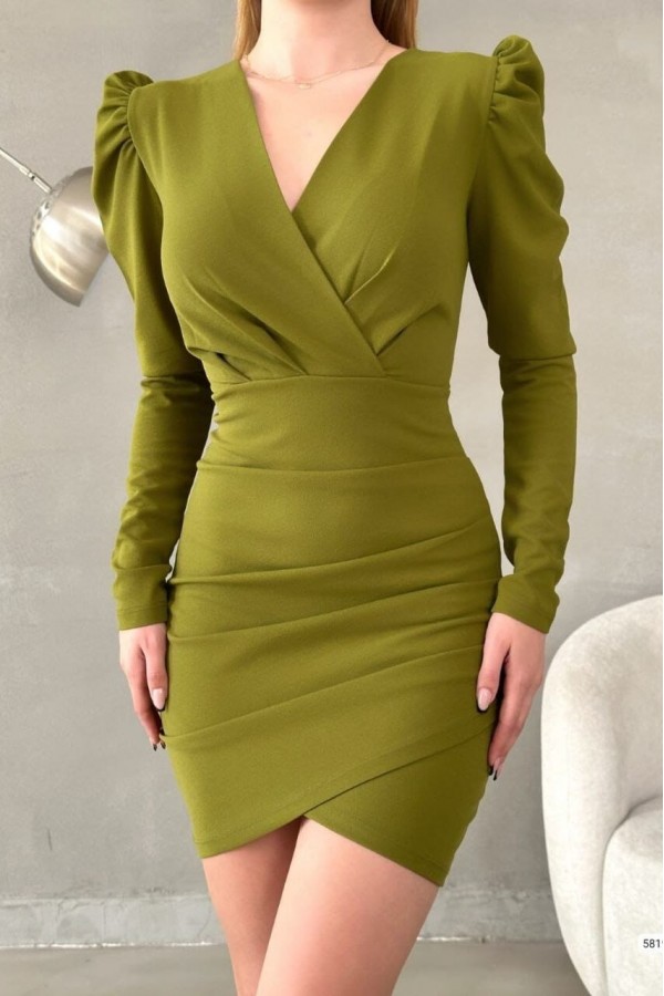 Balon Omuz Kruvaze Elbise -Oil Green
