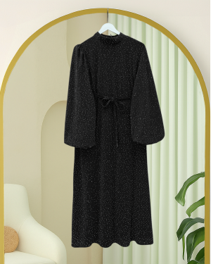 Mandarin Collar Belted Dress with Stone Embellishments and Lining -Black