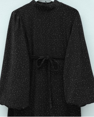 Mandarin Collar Belted Dress with Stone Embellishments and Lining -Black