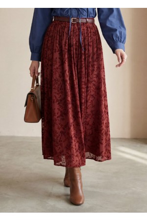 Lined, Belted, Embossed Organza Skirt -Maroon