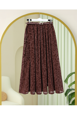 تنورة من الأورجانزا مبطنة، مزودة بحزام، منقوشة -بوردو غامق