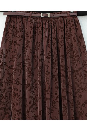 تنورة من الأورجانزا مبطنة، مزودة بحزام، منقوشة -بوردو غامق