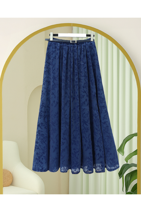 Lined, Belted, Embossed Organza Skirt -Navy blue