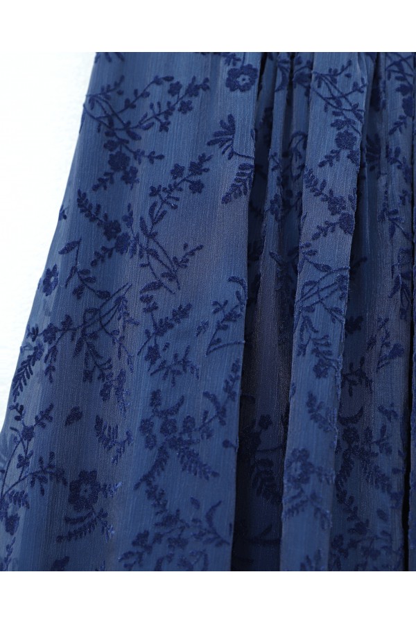Lined, Belted, Embossed Organza Skirt -Navy blue