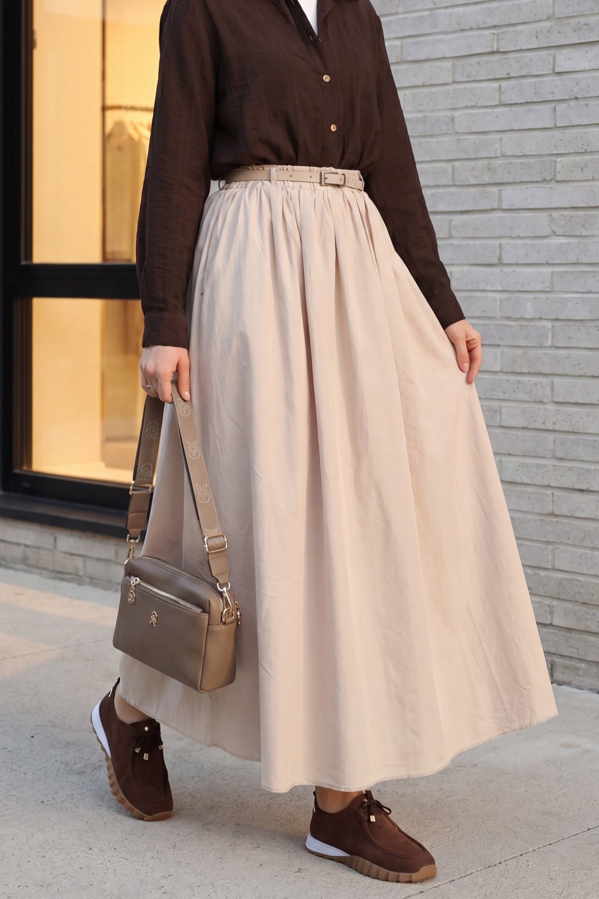 Cotton Voile Skirt with Pockets and Belt, Lined - Beige