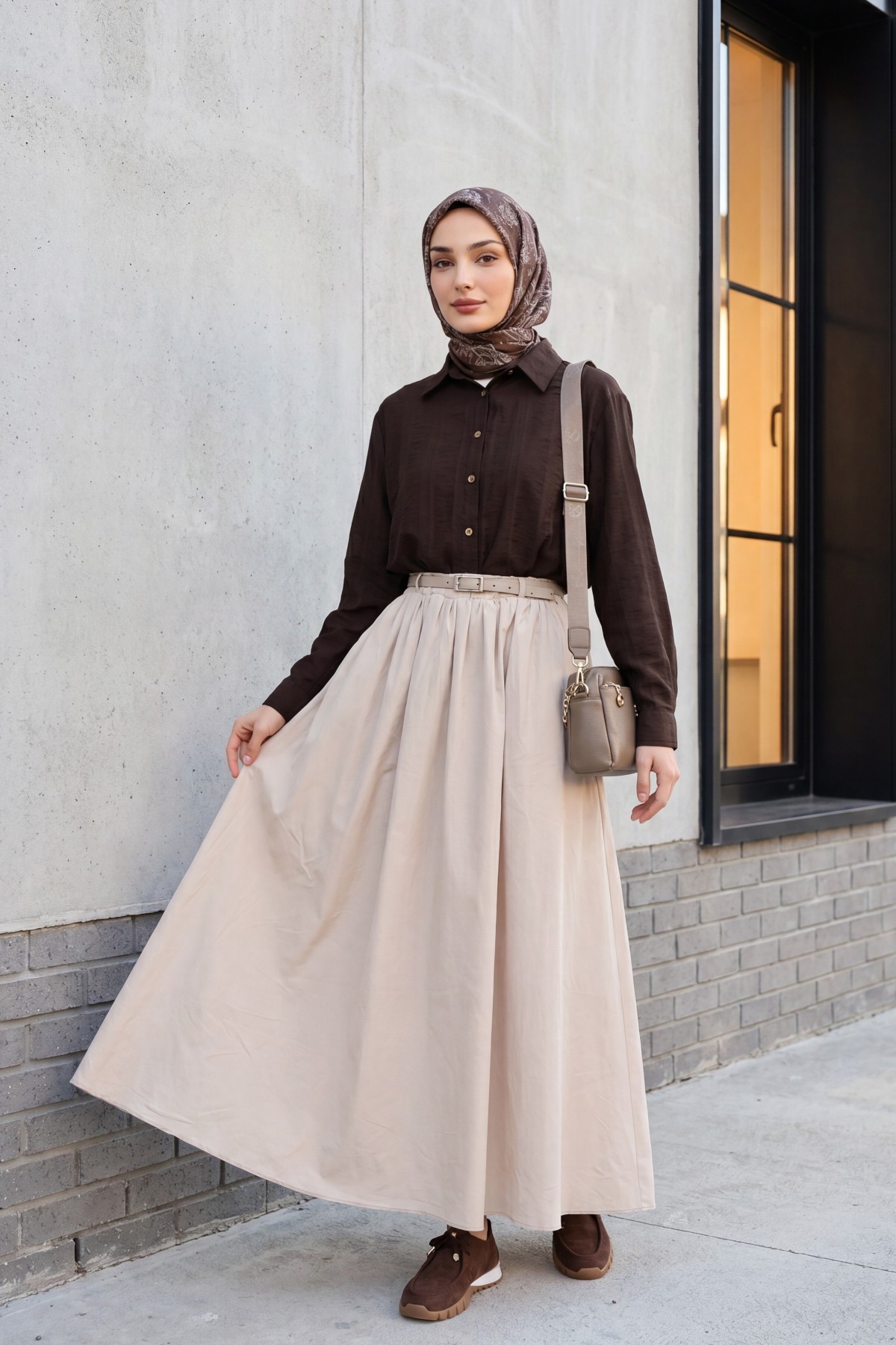 Cotton Voile Skirt with Pockets and Belt, Lined - Beige