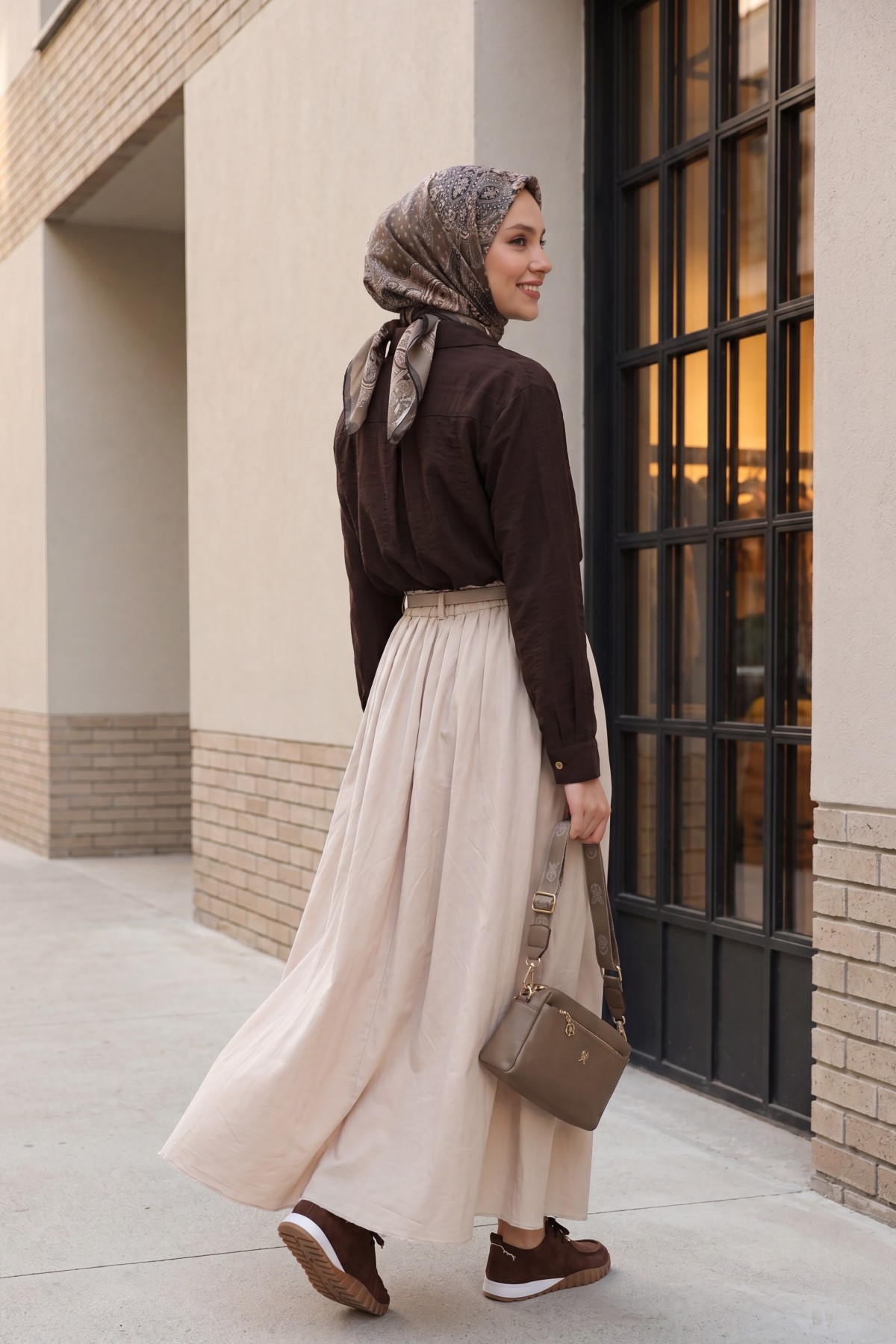 Cotton Voile Skirt with Pockets and Belt, Lined - Beige