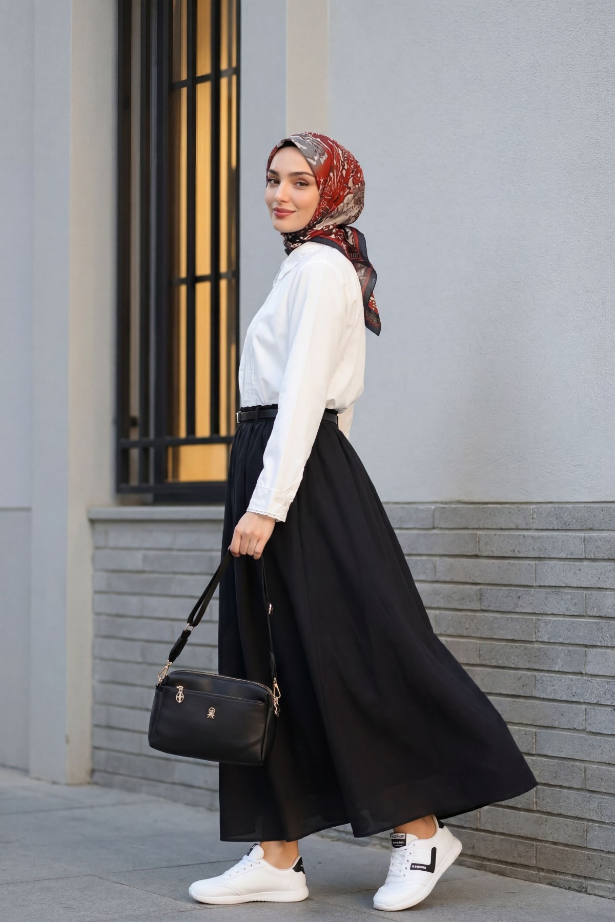 Cotton Voile Skirt with Pockets and Belt, Lined -Black