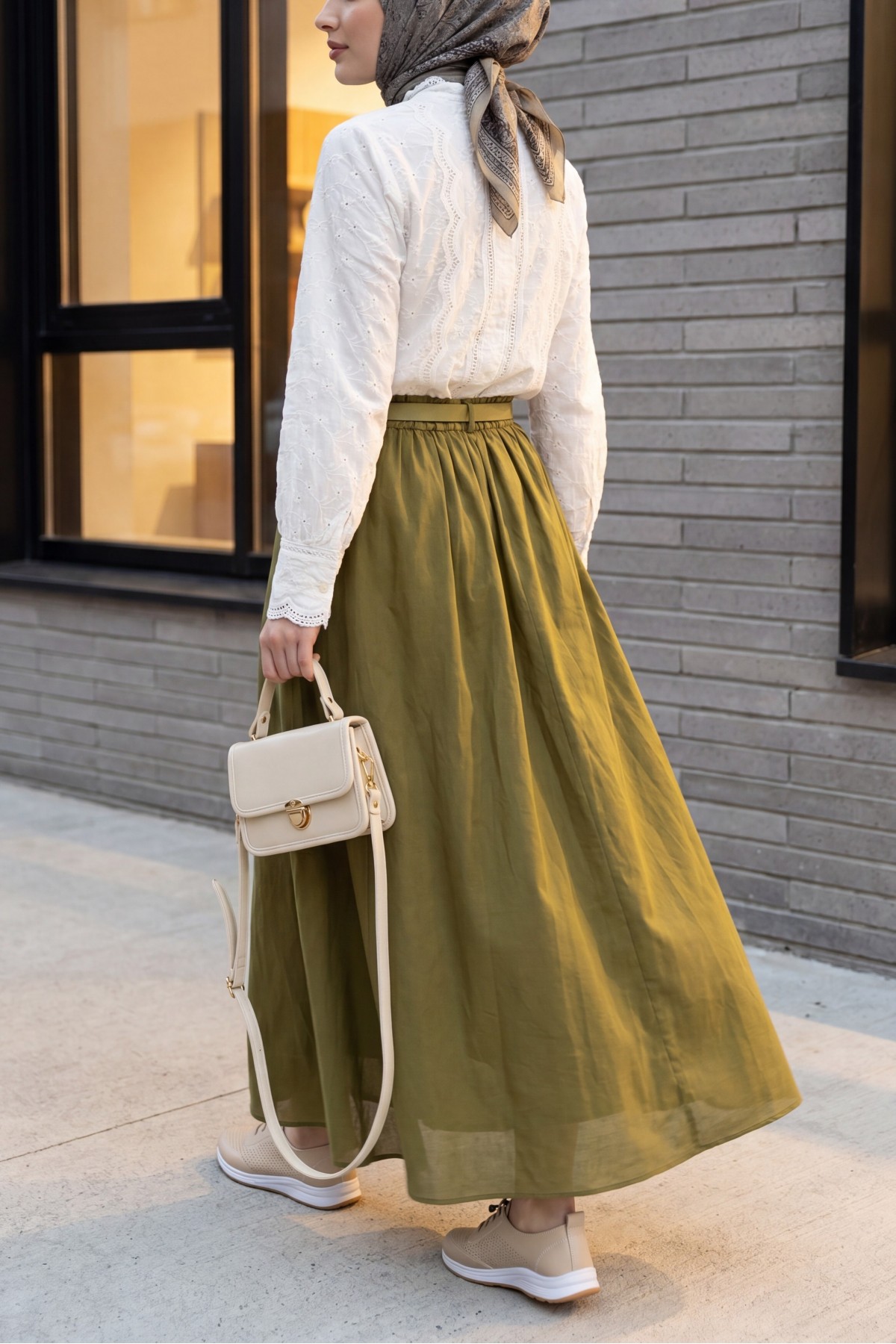 Cotton Voile Skirt with Pockets and Belt, Lined -Oil Green