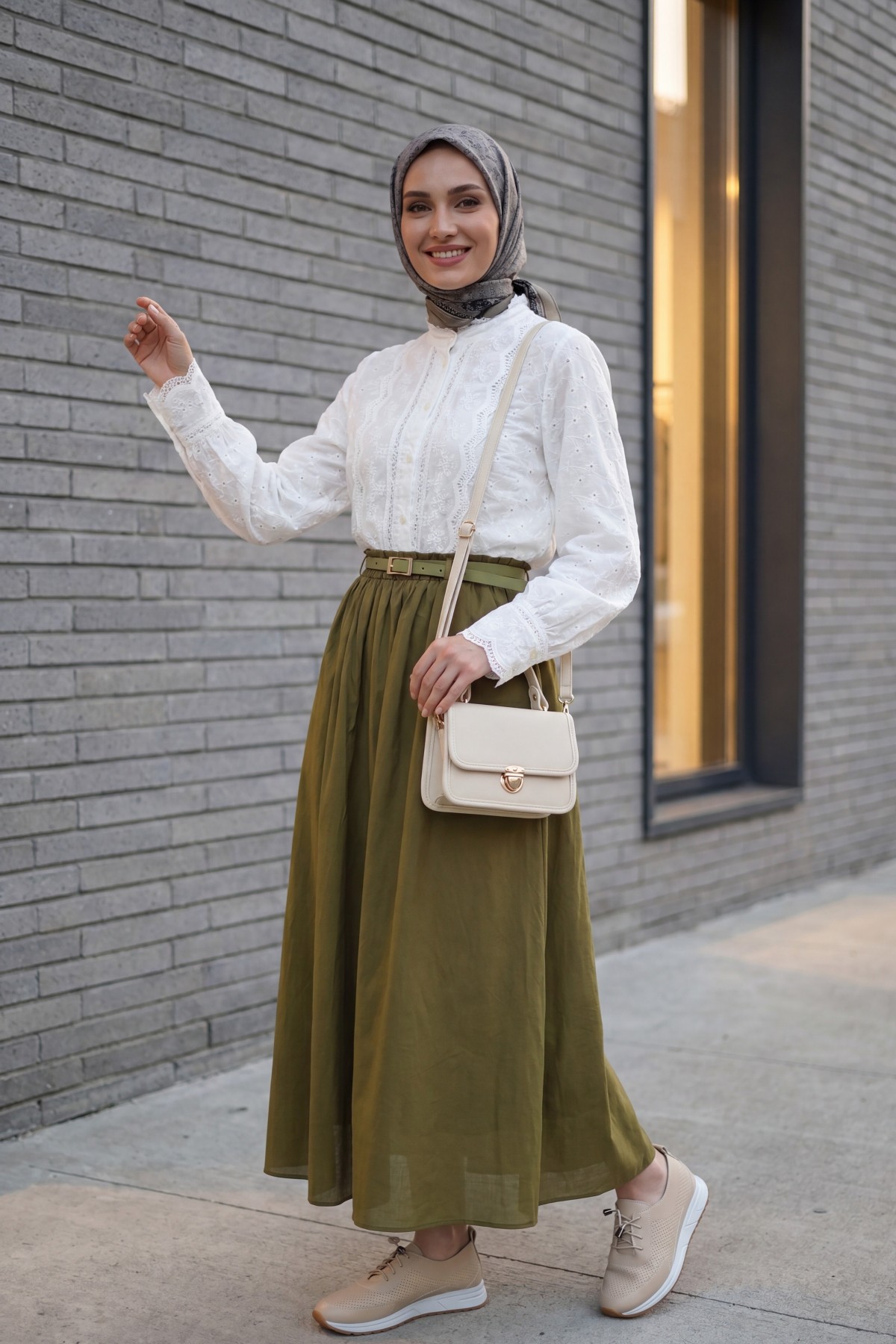 Cotton Voile Skirt with Pockets and Belt, Lined -Oil Green