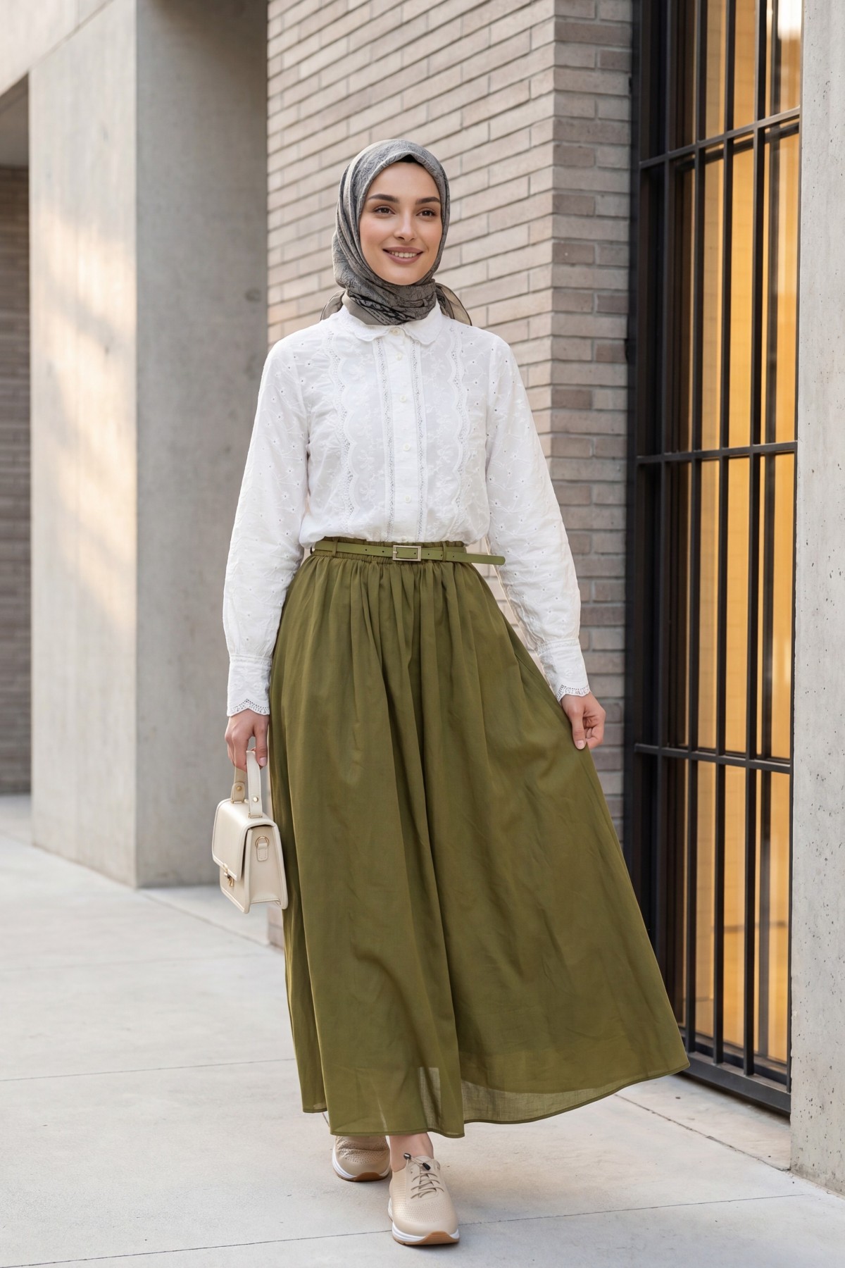 Cotton Voile Skirt with Pockets and Belt, Lined -Oil Green
