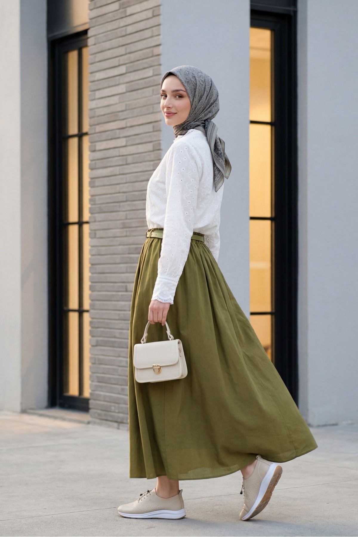 Cotton Voile Skirt with Pockets and Belt, Lined -Oil Green