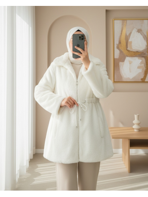 Tünel Bağcıklı Cepli Astarlı Kürklü Ceket -Ekru