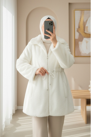 Tünel Bağcıklı Cepli Astarlı Kürklü Ceket -Ekru