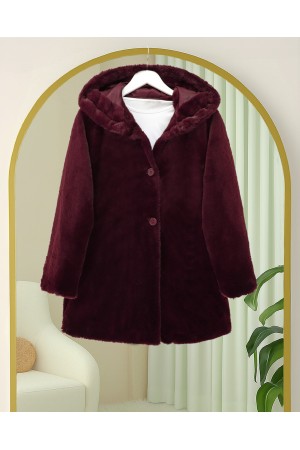 Kapşonlu Önü Düğmeli Astarlı Peluş Kaban -Bordo