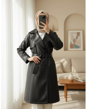 Belted, Lined Leather Topcoat with Buttons at the Front -Black