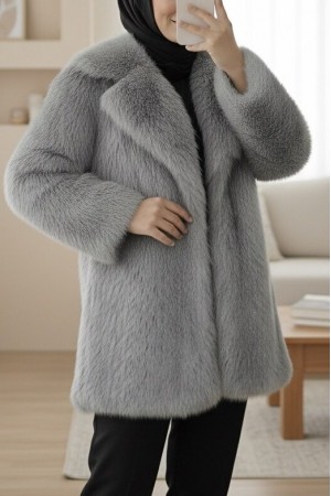 İçi Astarlı Tek Düğmeli Kürklü Ceket  -Gri