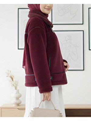 Ters Detay Peluş Lamineli Deri Detaylı Mont -Bordo