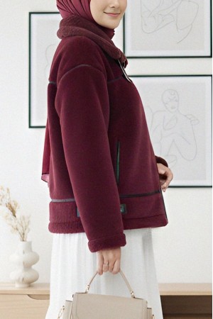 Reverse Detail Plush Laminated Leather Detailed Coat -Maroon