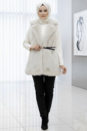 Kemerli Düğmeli Kürklü Astarlı Yelek -Krem