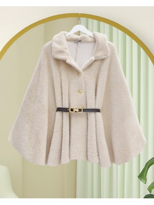 Gold Düğme Detay Kemerli Alcantara  Panço -Bej