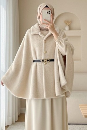 Gold Düğme Detay Kemerli Alcantara  Panço -Bej