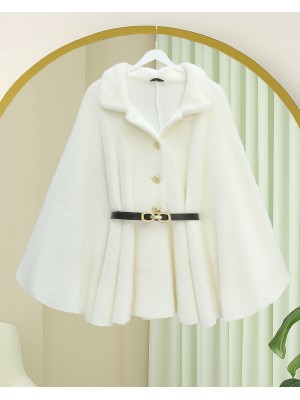 Gold  Button Detail Belted Alcantara Poncho -White