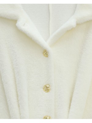 Gold  Button Detail Belted Alcantara Poncho -White