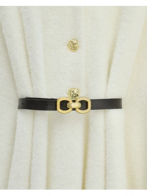 Gold  Button Detail Belted Alcantara Poncho -White