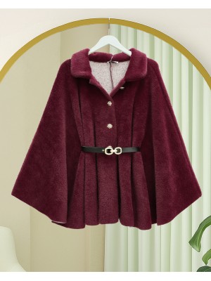 Gold Düğme Detay Kemerli Alcantara  Panço -Bordo