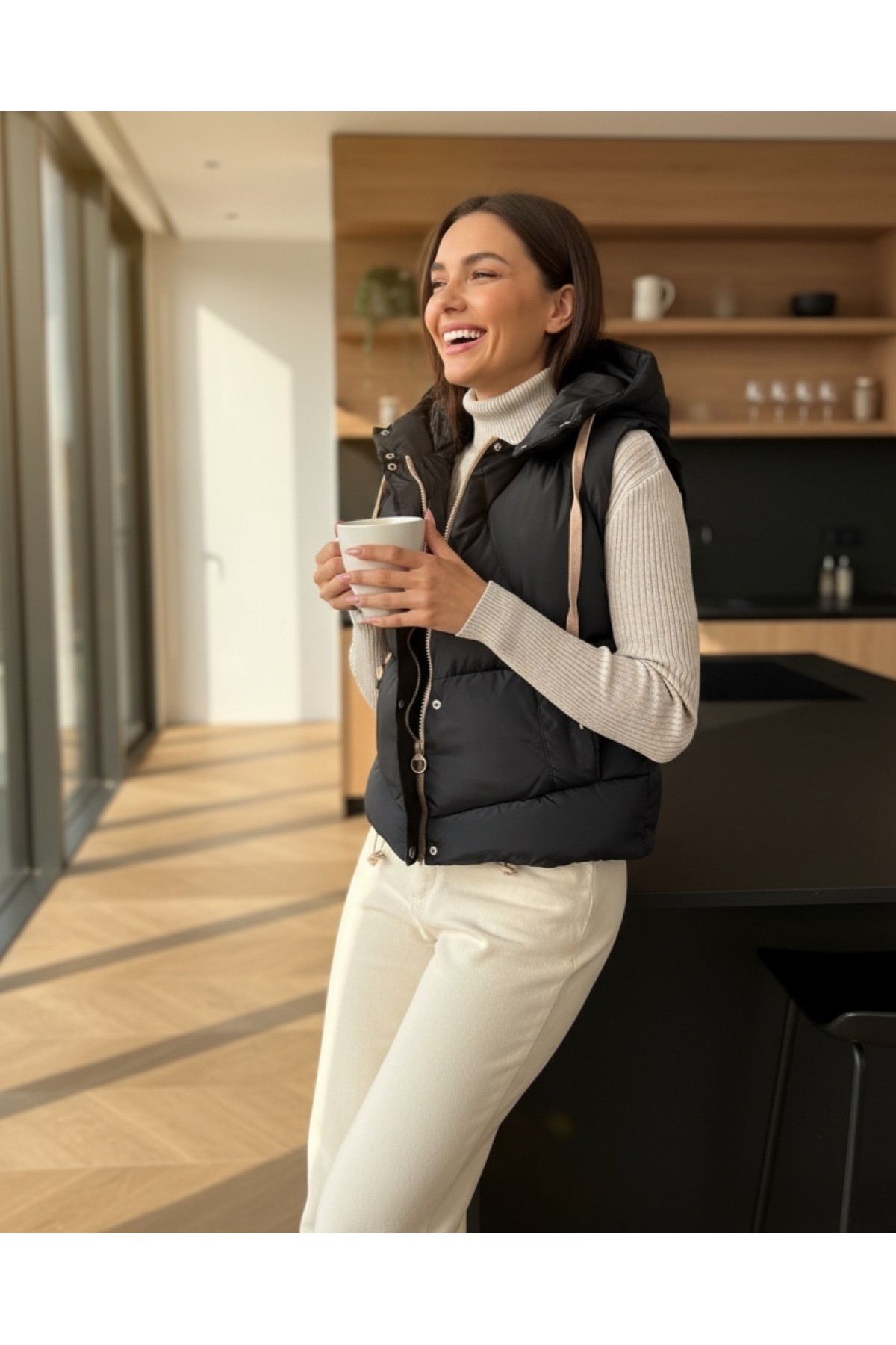 Fixed Hooded Snap Fastener Zippered Inflatable Vest  -Black