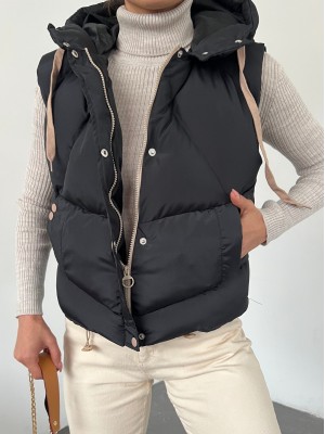 Fixed Hooded Snap Fastener Zippered Inflatable Vest  -Black