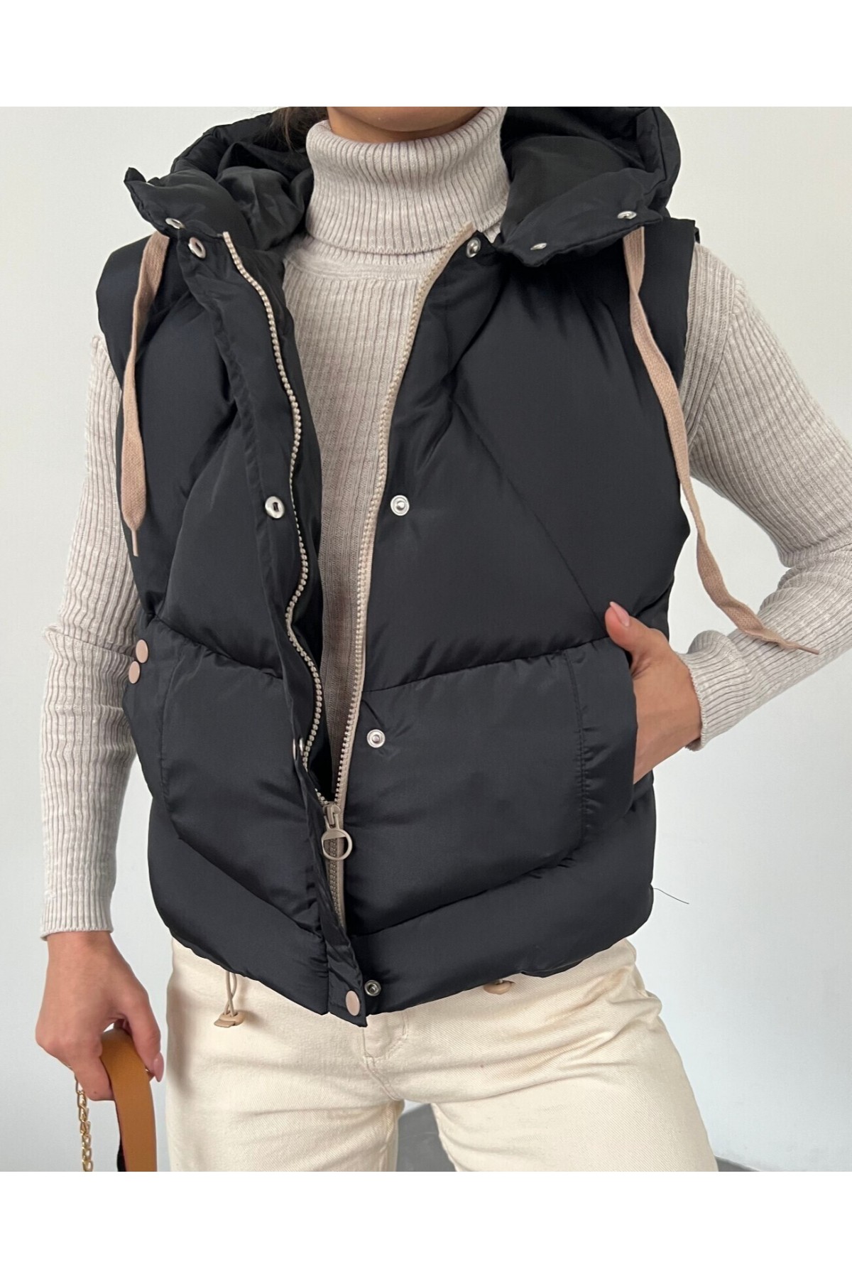 Fixed Hooded Snap Fastener Zippered Inflatable Vest  -Black