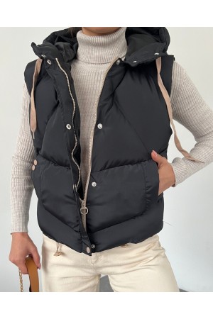 Sabit Kapşonlu Çıtçıtlı Fermuarlı Şişme Yelek  -Siyah