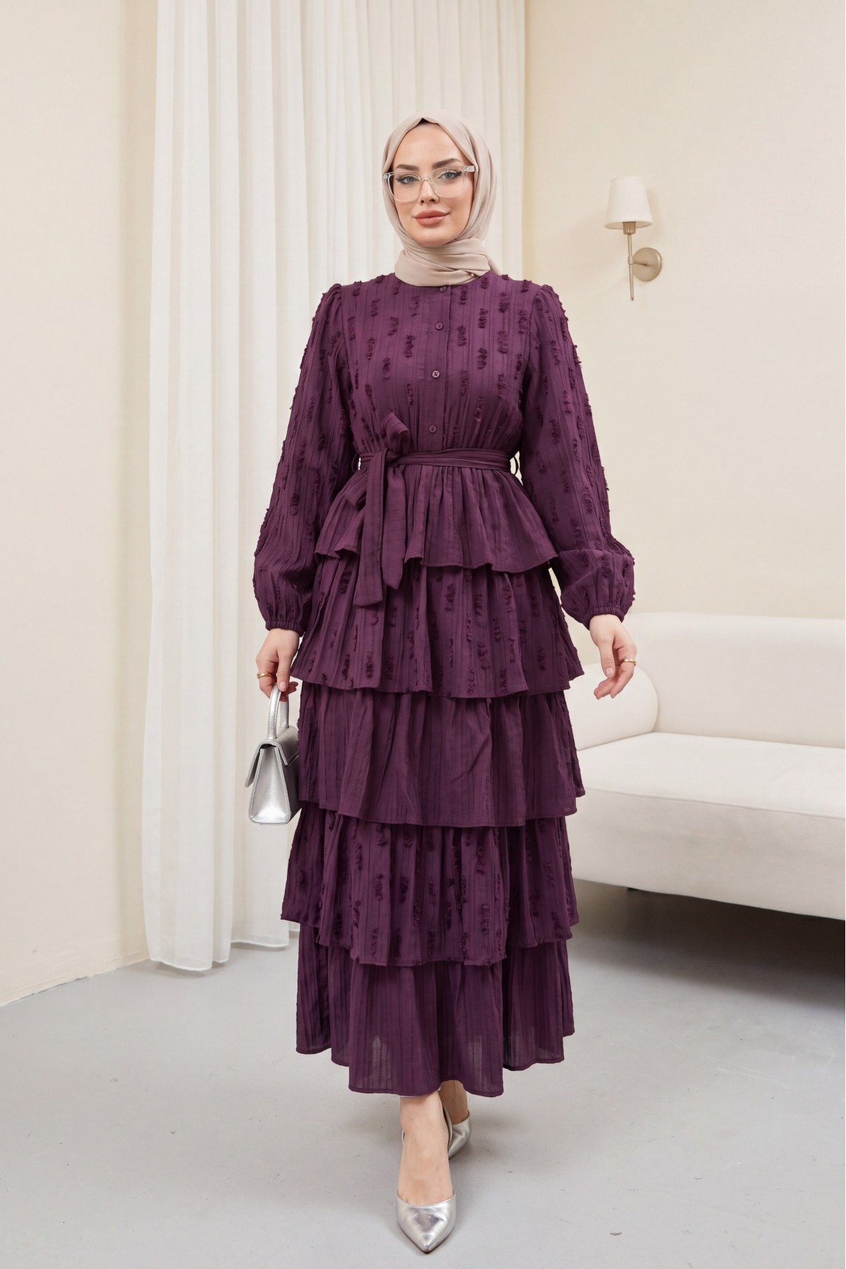 Half-buttoned, layered skirt, elasticated sleeves, belted crinkle dress -Damson