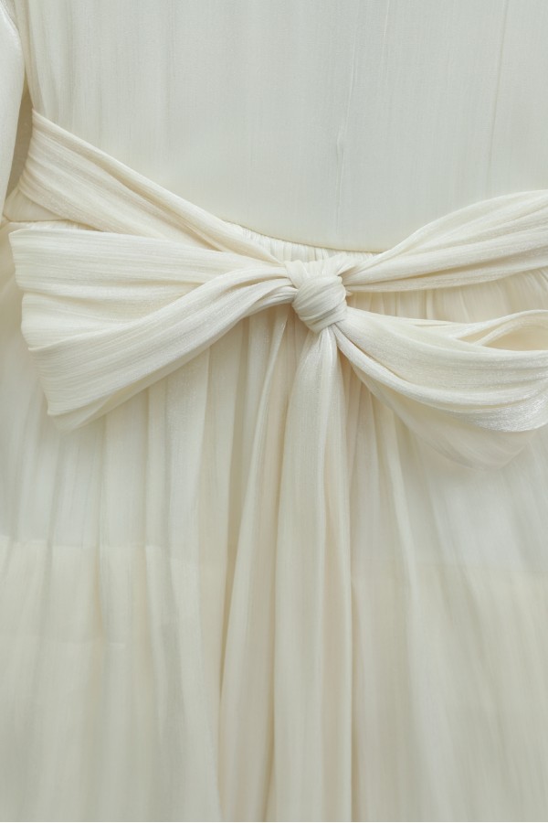 Shimmering Chiffon Dress with Elasticated Sleeves, Drawstring Waist, and Layered Skirt - Beige
