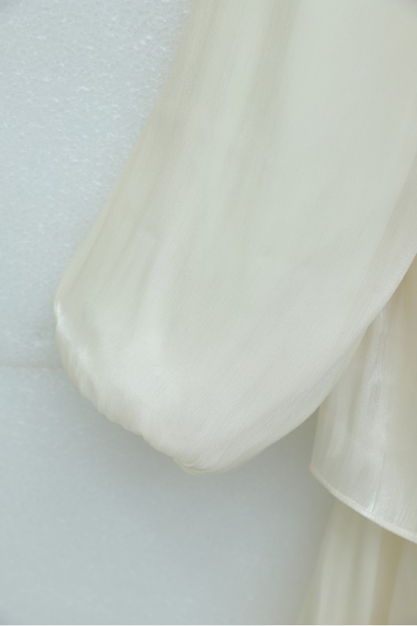 Shimmering Chiffon Dress with Elasticated Sleeves, Drawstring Waist, and Layered Skirt - Beige