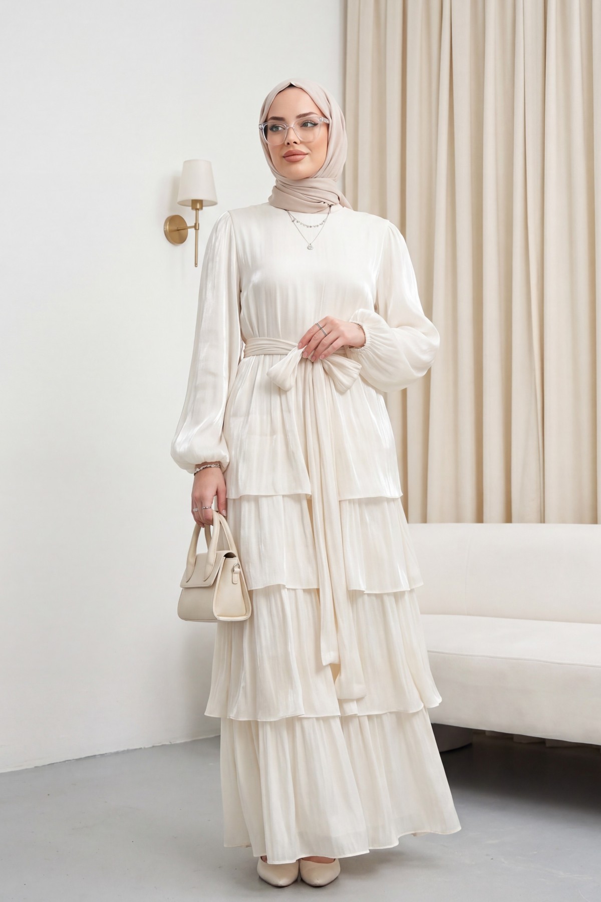 Shimmering Chiffon Dress with Elasticated Sleeves, Drawstring Waist, and Layered Skirt - Beige