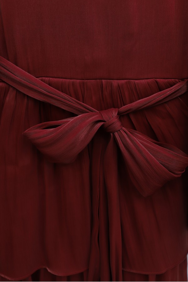 Shimmering Chiffon Dress with Elasticated Sleeves, Drawstring Waist, and Layered Skirt -Maroon